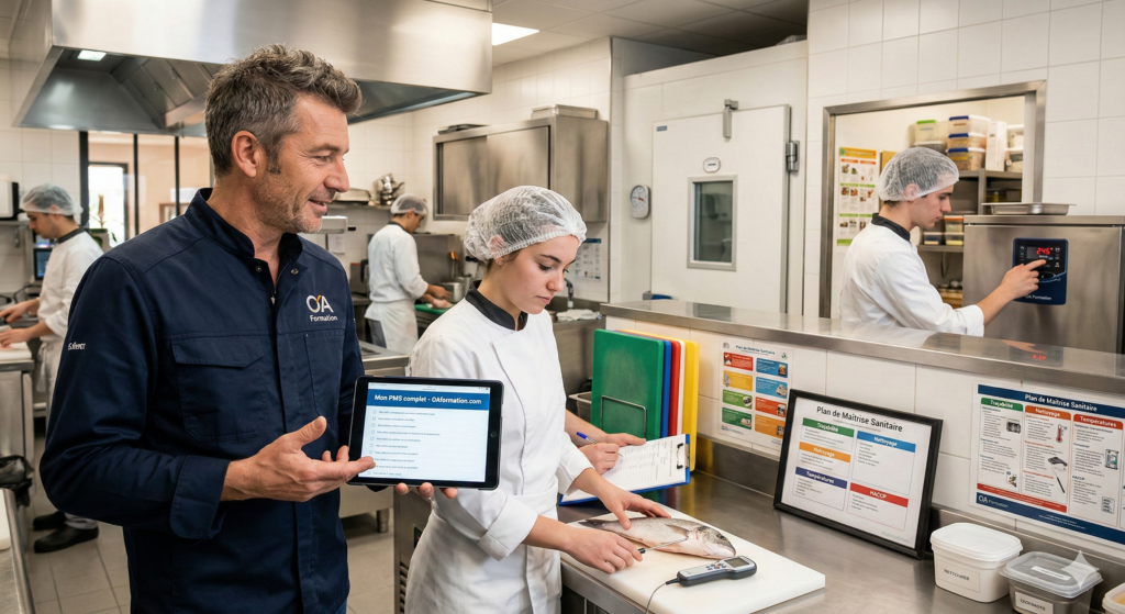 Expert de OA Formation présentant un Plan de Maîtrise Sanitaire (PMS) sur tablette numérique à une cuisinière en tenue d'hygiène. En arrière-plan, une cuisine professionnelle propre avec du personnel respectant les normes HACCP, un thermomètre à sonde pour le contrôle à réception du poisson, et des affiches réglementaires sur le mur