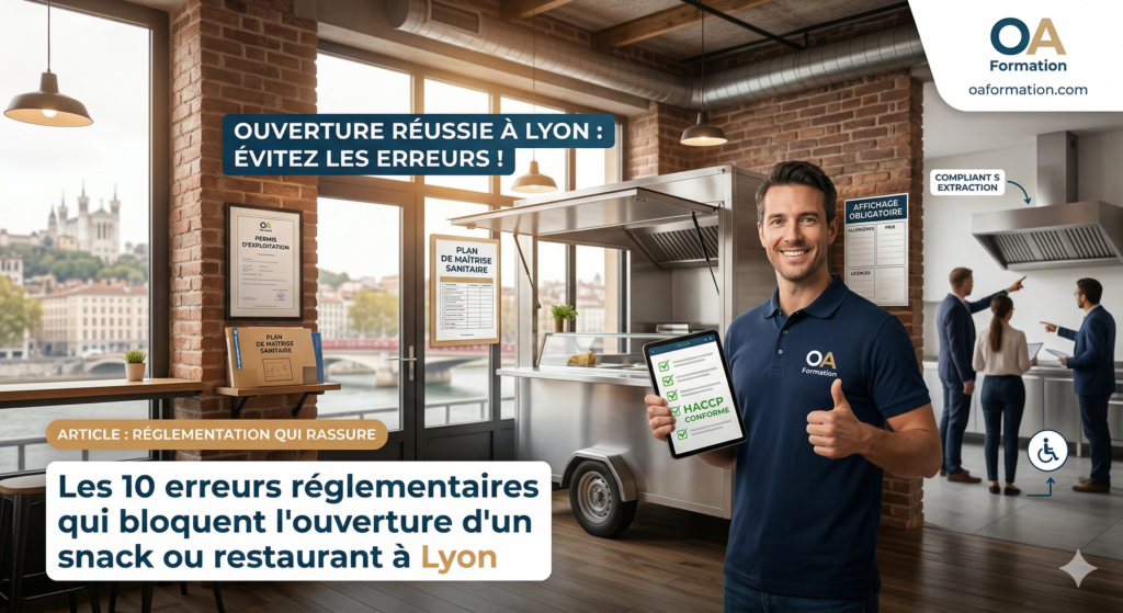 "Expert OA Formation présentant une tablette HACCP conforme dans un restaurant lyonnais moderne avec vue sur Fourvière, illustrant la réglementation hygiène et sécurité."