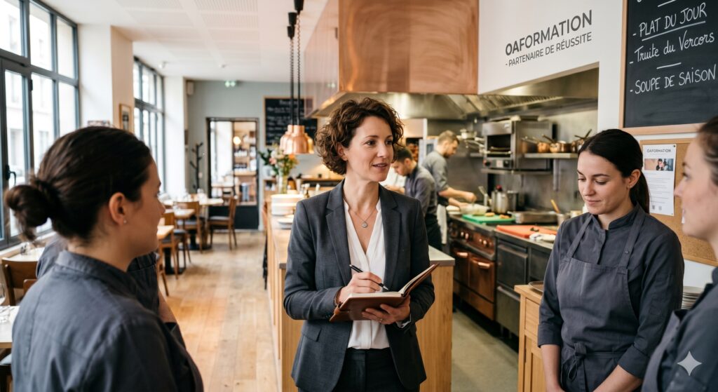 Une femme manager en restauration discute avec son personnel en uniforme dans un restaurant moderne à Lyon. En arrière-plan, une cuisine ouverte, des tables et une enseigne OAFormation avec le texte 'PARTENAIRE DE RÉUSSITE'. Cette image illustre la posture de dirigeante et la transmission au cœur d'un établissement CHR.