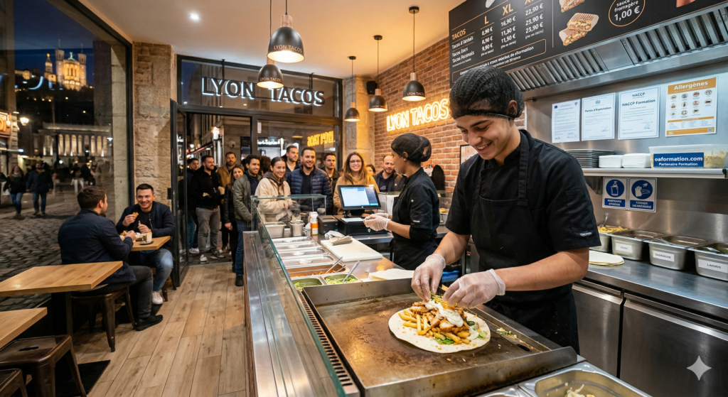 Intérieur animé de Lyon Tacos, un restaurant de tacos français prospère dans le quartier de la Croix-Rousse à Lyon, montrant une préparation efficace, une file d'attente de clients, et la scène urbaine historique de nuit, soulignant les normes d'hygiène et le service professionnel.