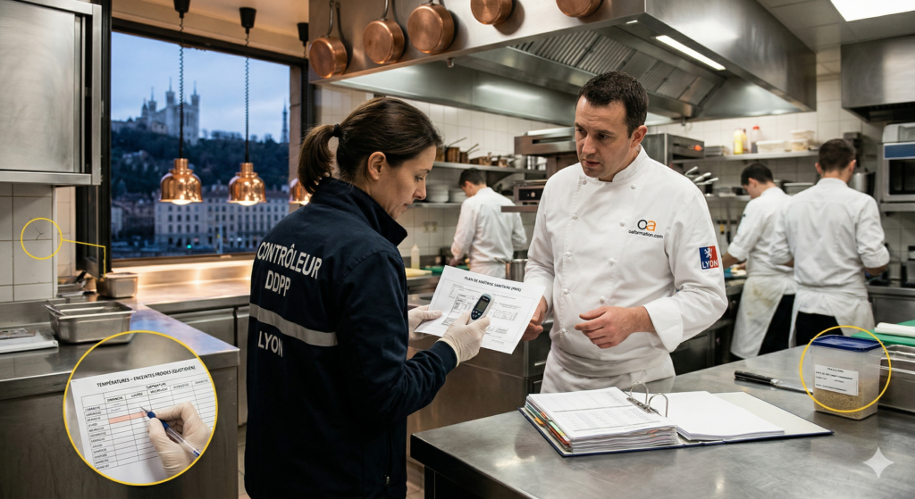 Voici le texte alternatif (Alt Text) optimisé pour le SEO et l'accessibilité de votre image : Texte alternatif : « Audit d'hygiène DDPP dans une cuisine professionnelle à Lyon avec la basilique de Fourvière en arrière-plan. Une inspectrice en uniforme "Contrôleur DDPP Lyon" examine un registre de sécurité avec un chef cuisinier arborant le logo oaformation.com. L'image comporte des encadrés de zoom mettant en évidence des points de contrôle critiques : un relevé de température des enceintes froides avec des cases manquantes, un bac de stockage alimentaire avec un étiquetage de traçabilité incomplet, et une fissure dans le carrelage mural illustrant un défaut de maintenance des locaux.