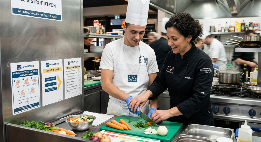 Formation pratique en cuisine professionnelle par OA Formation. Une formatrice certifiée HACCP encadre un jeune cuisinier débutant pour la découpe de légumes, avec affichage des procédures d'hygiène et 'Marche en Avant' sur le plan de travail.