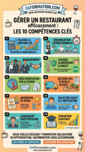 Infographie OAFormation : Les 10 compétences clés pour gérer un restaurant efficacement. Guide visuel sur le pilotage financier, l'hygiène HACCP, le management et la réglementation CHR.