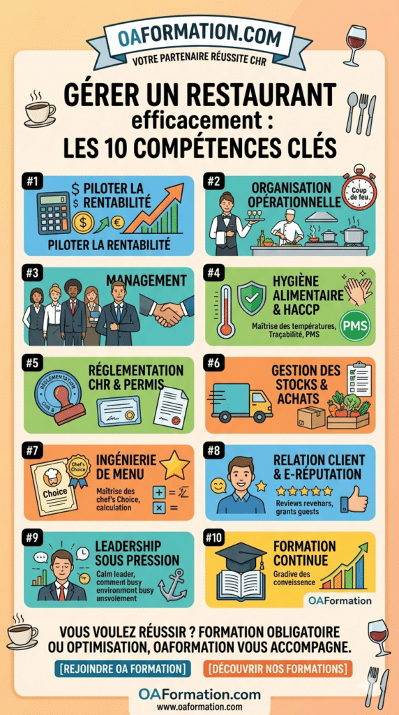 Infographie OAFormation : Les 10 compétences clés pour gérer un restaurant efficacement. Guide visuel sur le pilotage financier, l'hygiène HACCP, le management et la réglementation CHR.
