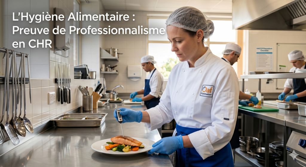 Chef professionnelle vérifiant la température d'un saumon cuit dans une cuisine propre et organisée pour illustrer le professionnalisme en hygiène alimentaire. Titre de l'image : 'L'Hygiène Alimentaire : Preuve de Professionnalisme en CHR'. Logo Oaf Formation visible.