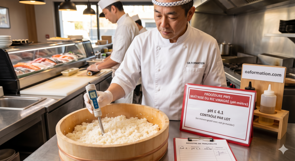 Chef sushiman d'OA Formation contrôlant le pH (4.1) du riz vinaigré dans un hangiri traditionnel avec un pH-mètre numérique, affichant la procédure PMS sur le comptoir d'une cuisine professionnelle.