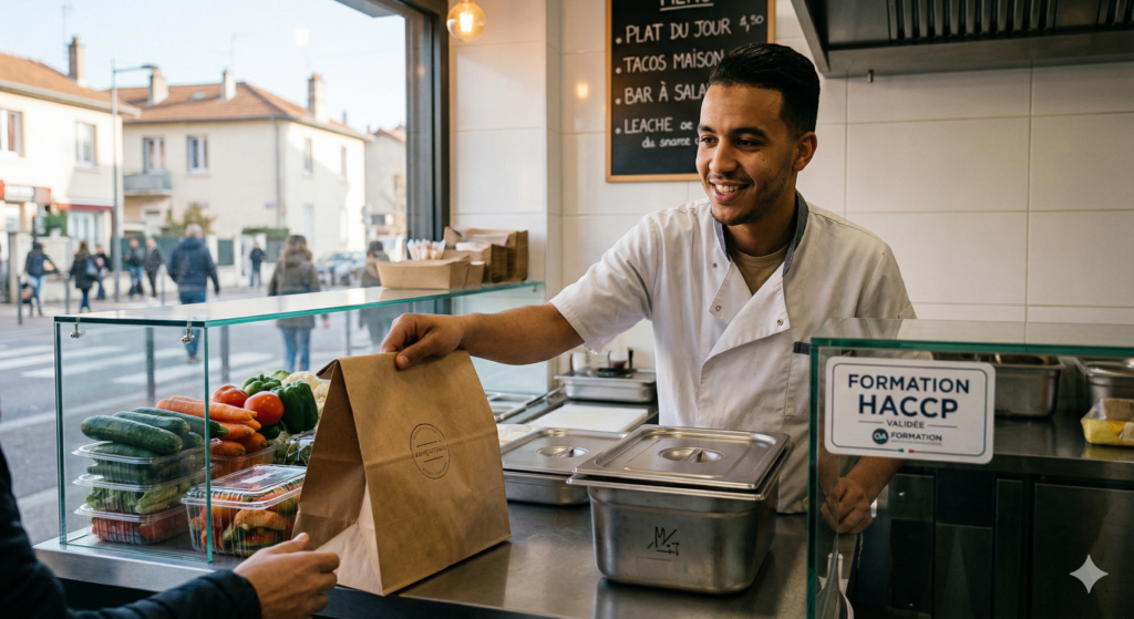 Jeune entrepreneur en cuisine dans son snack de quartier à Vénissieux, formé par OA Formation aux normes HACCP à Lyon.
