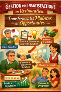 Illustration sur la gestion des insatisfactions en restauration montrant un client mécontent, un manager à l’écoute et la transformation d’une plainte en opportunité de fidélisation et d’amélioration du service.