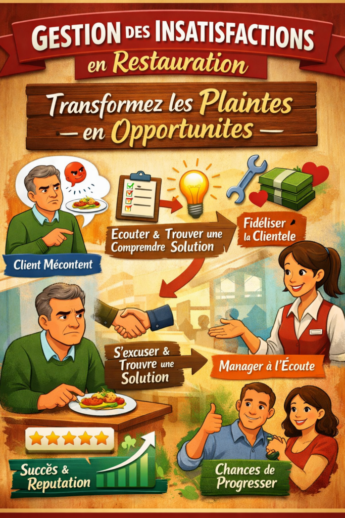 Illustration sur la gestion des insatisfactions en restauration montrant un client mécontent, un manager à l’écoute et la transformation d’une plainte en opportunité de fidélisation et d’amélioration du service.