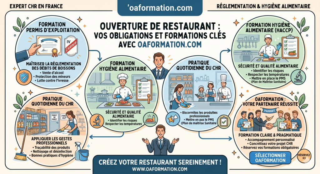 Infographie complète sur les formations obligatoires CHR pour ouvrir un restaurant en France : Permis d'exploitation, Hygiène Alimentaire HACCP et PMS avec oaformation.com.