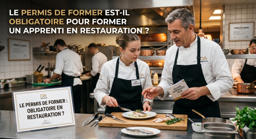 Un chef cuisinier de chez OA Formation explique la réglementation du permis de former en restauration à une jeune apprentie dans une cuisine professionnelle.