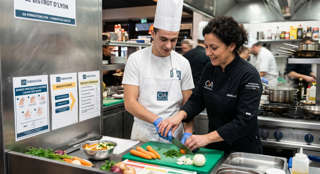 Formation de tuteur en restauration à Lyon avec OA Formation. Une chef de cuisine transmet son savoir-faire à un apprenti, illustrant l'importance du Permis de Former pour encadrer un débutant en toute sécurité.
