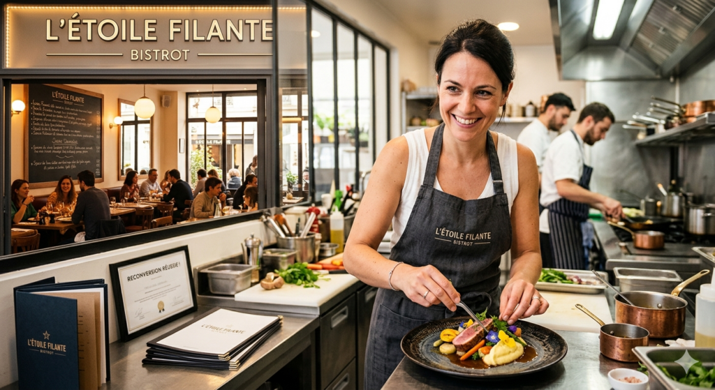 Cheffe d'un nouveau bistrot lyonnais 'L'Étoile Filante' dressant un plat bistronomique dans sa cuisine ouverte après une reconversion professionnelle réussie.