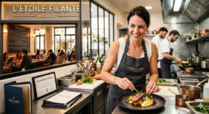 Cheffe d'un nouveau bistrot lyonnais 'L'Étoile Filante' dressant un plat bistronomique dans sa cuisine ouverte après une reconversion professionnelle réussie.