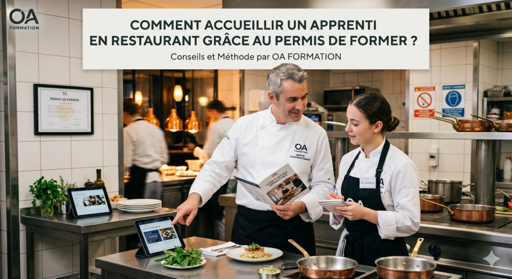 Un maître d'apprentissage en restauration expliquant les fiches techniques à son apprenti en cuisine, logo oaformation visible.