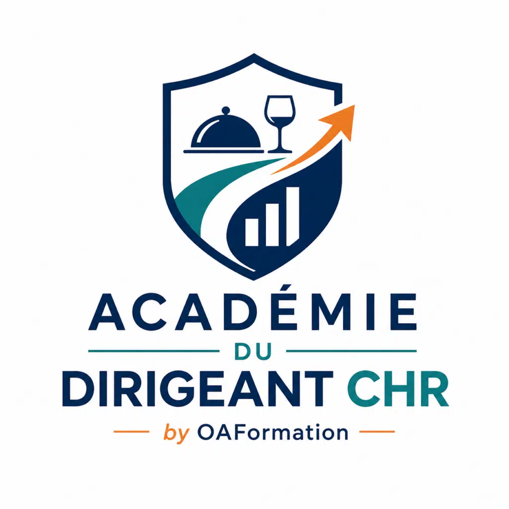 Logo de l’Académie du Dirigeant CHR by OAFormation, avec un blason bleu marine intégrant une cloche de service, un verre, une flèche orange ascendante, un chemin stylisé et des barres de progression, accompagné du nom de l’activité en bleu marine, vert canard et orange.