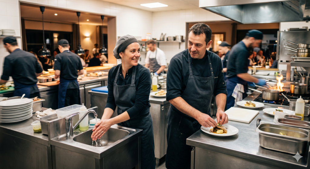Un couple de restaurateurs en tenue professionnelle, l'homme dressant un plat et la femme se lavant les mains, travaillant ensemble dans une cuisine active.