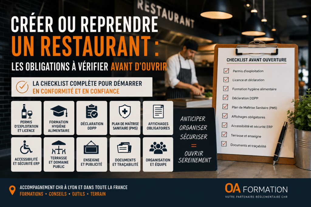 Infographie illustrant les obligations à vérifier avant de créer ou reprendre un restaurant, avec une checklist incluant permis d’exploitation, licence, formation hygiène alimentaire, déclaration DDPP, PMS, affichages obligatoires, accessibilité ERP, terrasse, enseigne et traçabilité.