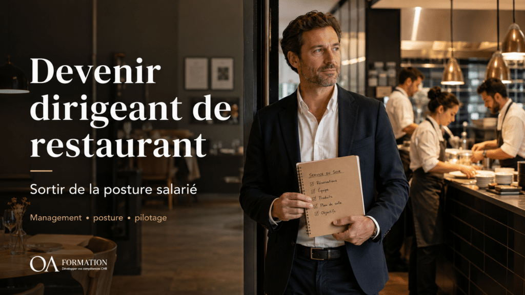 Dirigeant de restaurant dans un établissement moderne avec son équipe en cuisine – article OAFormation sur la posture du chef d’entreprise