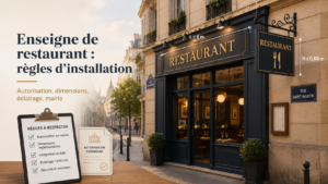 Illustration d’un restaurant en ville avec enseigne en façade et en drapeau, accompagnée d’informations sur les règles d’installation, les dimensions, l’éclairage et l’autorisation en mairie.