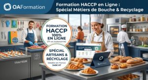 Une pâtissière et un boucher souriants dans une cuisine professionnelle. La pâtissière montre une tablette avec la 'Formation HACCP 100% en Ligne (7h en Autonomie)'. L'image comprend du texte : 'Spécial Artisans & Récyclage', 'Valable en France 249€ HT', et le logo OAFormation.
