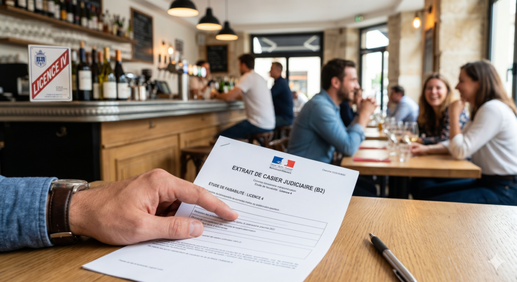 Gros plan sur une main examinant un extrait de casier judiciaire Bulletin n°2 dans un bar flou pour une demande de Licence 4.