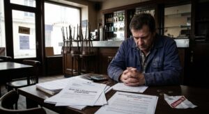Un gérant de bar désemparé, tête baissée et mains jointes, assis à une table dans un établissement fermé, entouré de documents officiels du Tribunal de Commerce intitulés "Avis de liquidation judiciaire" et "Responsabilité personnelle du dirigeant : Faute de gestion".