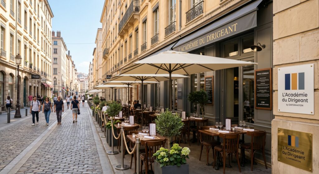 Terrasse de restaurant réglementaire et accessible PMR à Lyon, concept Académie du Dirigeant CHR by oaformation.