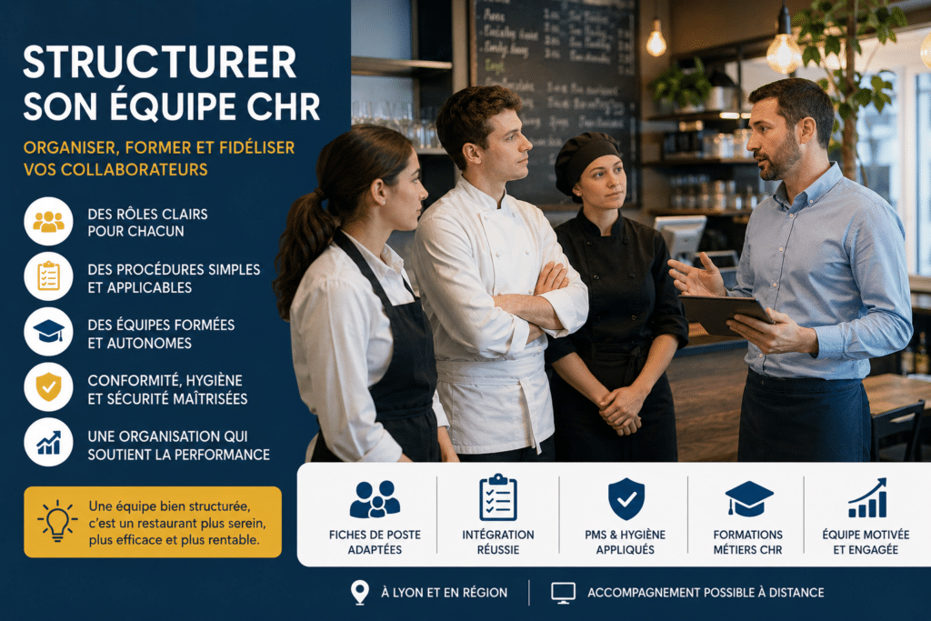 Dirigeant de restaurant organisant son équipe CHR avec des fiches de poste, un planning, un PMS et des consignes d’hygiène en cuisine professionnelle.