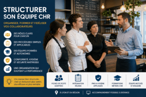 Dirigeant de restaurant organisant son équipe CHR avec des fiches de poste, un planning, un PMS et des consignes d’hygiène en cuisine professionnelle.