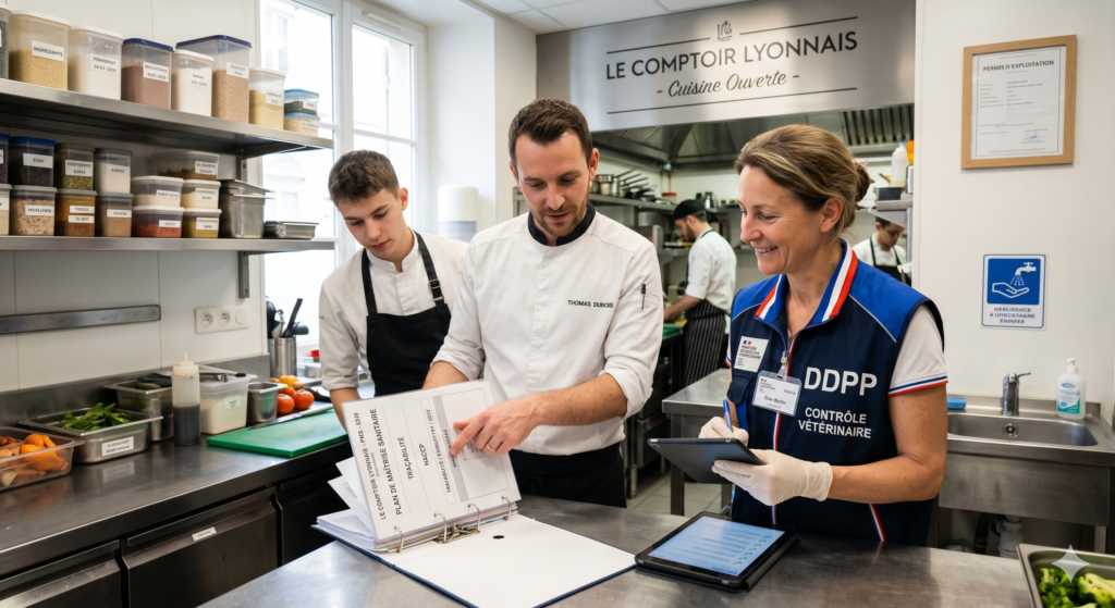 Dans une cuisine professionnelle propre et organisée de "Le Comptoir Lyonnais", un chef cuisinier présente son Plan de Maîtrise Sanitaire (HACCP) ouvert à une inspectrice de la DDPP (Contrôle Vétérinaire) en gilet officiel. Elle prend des notes sur une tablette pendant qu'un jeune assistant observe la discussion. En arrière-plan, des étagères d'épices et des panneaux d'hygiène sont visibles.