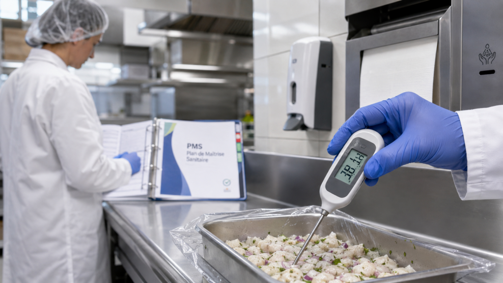 Un inspecteur sanitaire de la DDPP en blouse blanche contrôlant la température à cœur d'un plat réfrigéré avec un thermomètre à sonde dans la cuisine propre d'un restaurant à Lyon.