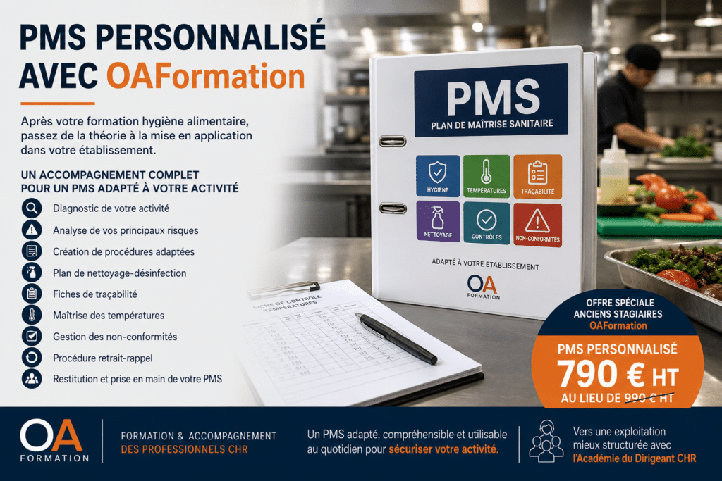 Affiche OAFormation présentant une offre de PMS personnalisé pour les professionnels CHR, avec classeur Plan de Maîtrise Sanitaire, pictogrammes hygiène, températures, traçabilité et offre spéciale anciens stagiaires à 790 € HT.