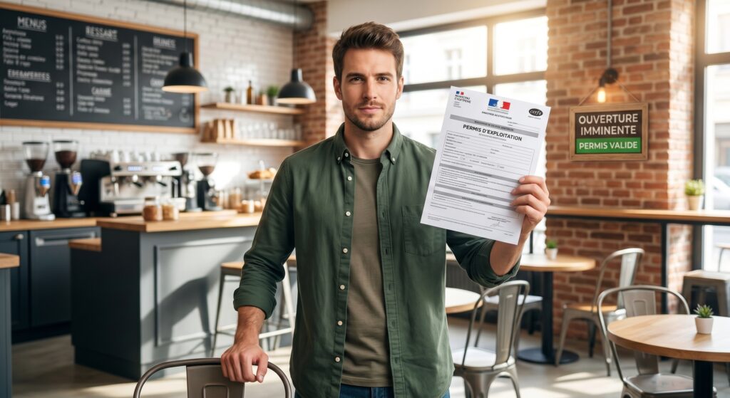 Jeune restaurateur souriant dans son café-restaurant, posant avec confiance, avec en arrière-plan un panneau 'PERMIS VALIDE' sur un mur en briques et ayant en main son permis d'exploitation rapidement