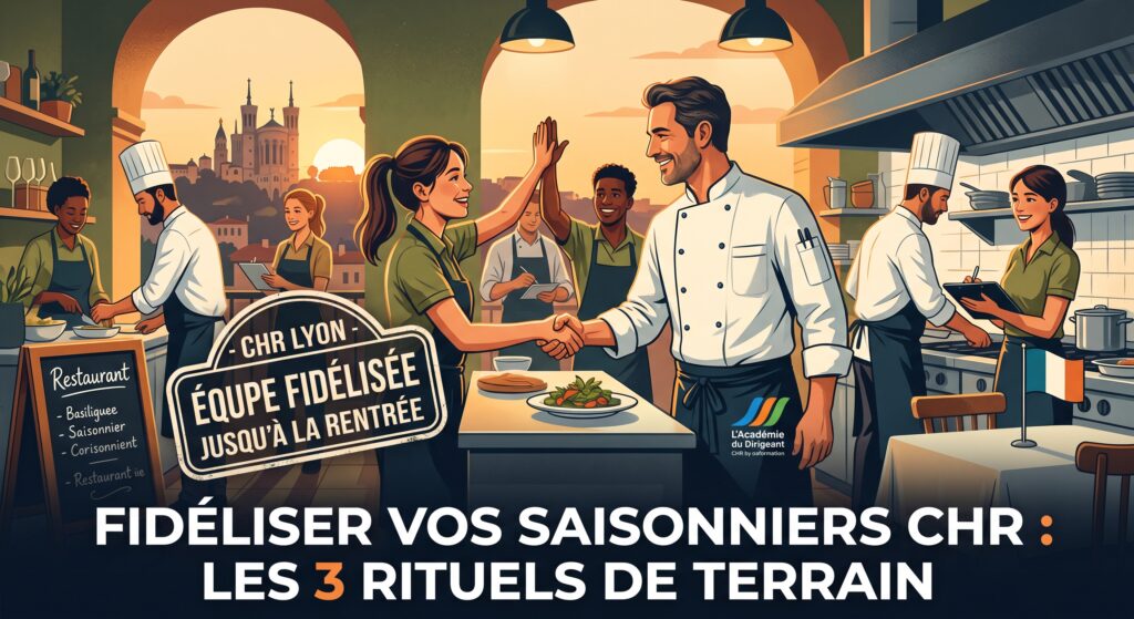 Un dirigeant de restaurant à Lyon encadre son équipe de saisonniers motivés pendant le service estival, illustrant la fidélisation CHR par oaformation.