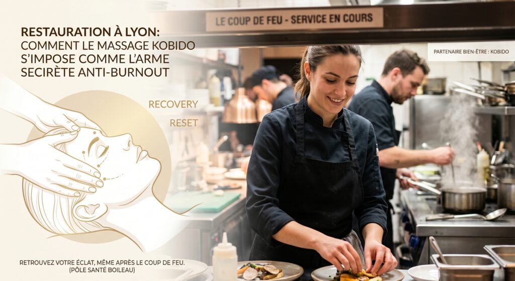 Illustration d'un massage facial japonais Kobido à côté d'une cheffe de cuisine en plein service à Lyon pour illustrer la gestion du stress en restauration.