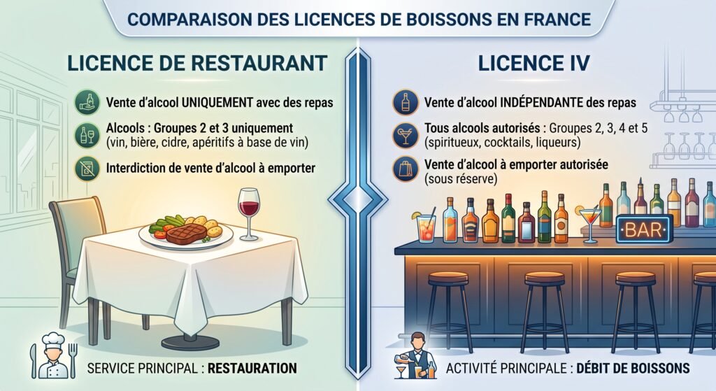 Infographie comparative entre la "LICENCE DE RESTAURANT" et la "LICENCE IV". À gauche, une table dressée avec un plat de viande et un verre de vin rouge illustre le service principal de restauration, avec la mention "Vente d'alcool UNIQUEMENT avec des repas". À droite, un comptoir de bar moderne avec des tabourets et de nombreuses bouteilles d'alcool illustre le débit de boissons, avec la mention "Vente d'alcool INDÉPENDANTE des repas".