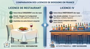 Infographie comparative entre la "LICENCE DE RESTAURANT" et la "LICENCE IV". À gauche, une table dressée avec un plat de viande et un verre de vin rouge illustre le service principal de restauration, avec la mention "Vente d'alcool UNIQUEMENT avec des repas". À droite, un comptoir de bar moderne avec des tabourets et de nombreuses bouteilles d'alcool illustre le débit de boissons, avec la mention "Vente d'alcool INDÉPENDANTE des repas".