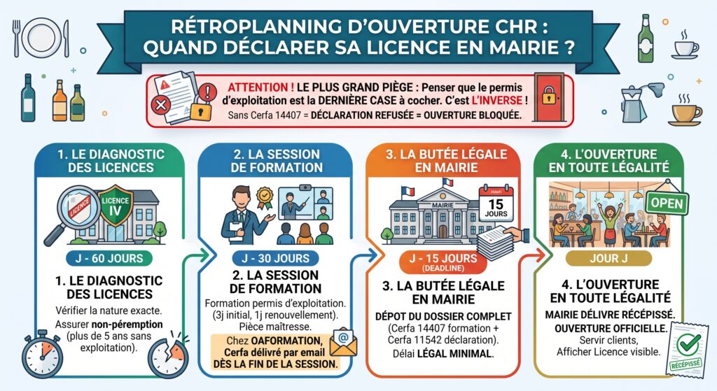 Infographie du rétroplanning réglementaire pour l'ouverture d'un restaurant CHR et la déclaration de licence en mairie.