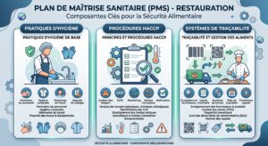 Infographie professionnelle détaillant le "PLAN DE MAÎTRISE SANITAIRE" (PMS) obligatoire pour un restaurant. Elle est divisée en trois sections de couleur bleu et vert, chacune dotée d'une icône : "Bonnes Pratiques d'Hygiène" avec un calendrier, "Procédures HACCP" avec un thermomètre de cuisson, et "Traçabilité & Alertes" avec une loupe et un code-barres de traçabilité des aliments.