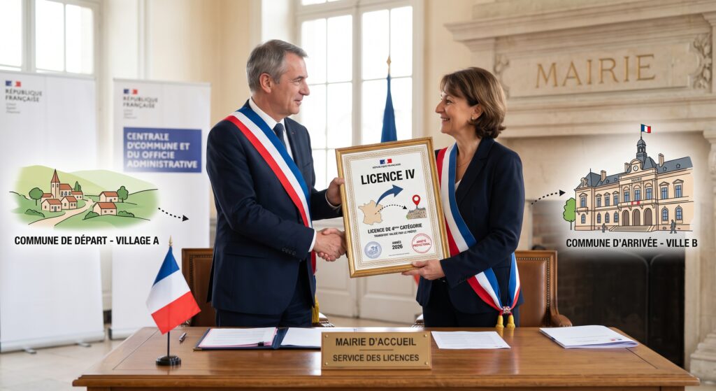 Deux maires portant leur écharpe tricolore sont debout derrière un bureau à la "MAIRIE D'ACCUEIL", dans une salle officielle. L'homme à gauche remet à la femme à droite un document encadré intitulé "LICENCE IV", avec un schéma de transfert de licence par une flèche. Autour d'eux, des illustrations de villages et d'une mairie légendées "COMMUNE DE DÉPART - VILLAGE A" et "COMMUNE D'ARRIVÉE - VILLE B". Un drapeau français et un kakémono "CENTRE D'ÉCHANGES ET D'OFFICE ADMINISTRATIF" sont visibles.