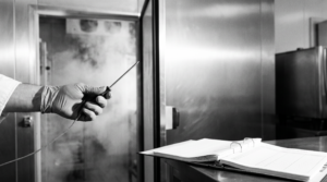 Inspecteur sanitaire relevant la température d'une chambre froide lors d'un contrôle DDPP en restaurant