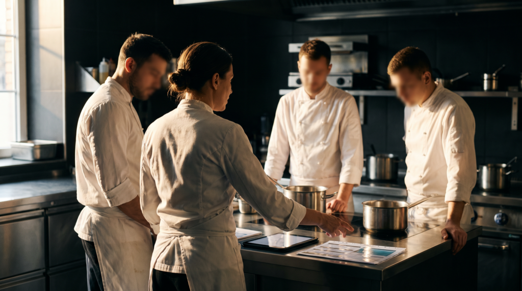 Équipe de cuisine en formation hygiène alimentaire HACCP dans un restaurant professionnel