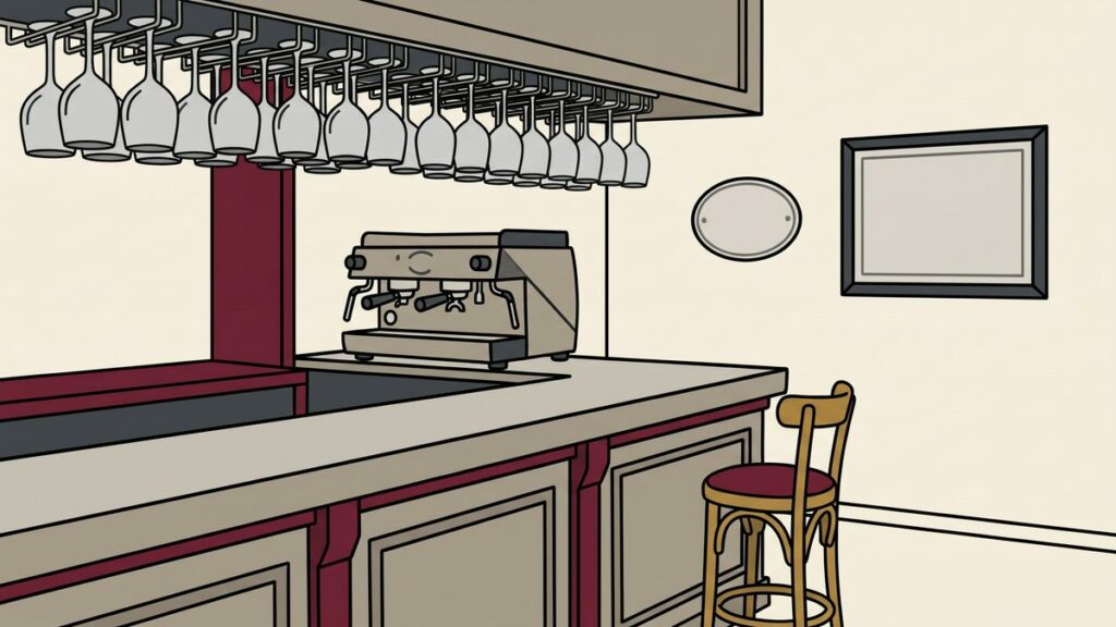 Illustration d'un comptoir de brasserie française avec l'emplacement de la plaque de licence et de l'attestation encadrée