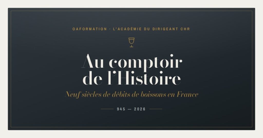 Couverture du livret « Au comptoir de l'Histoire », consacré à l'histoire des débits de boissons en France, édité par OAFormation à Lyon.