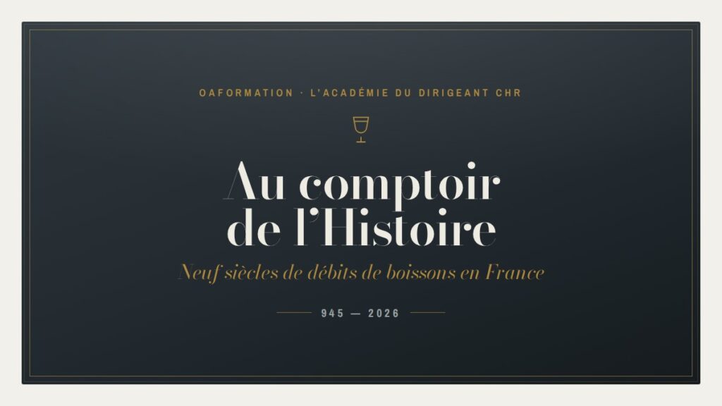 Couverture du livret « Au comptoir de l'Histoire », consacré à l'histoire des débits de boissons en France, édité par OAFormation à Lyon.