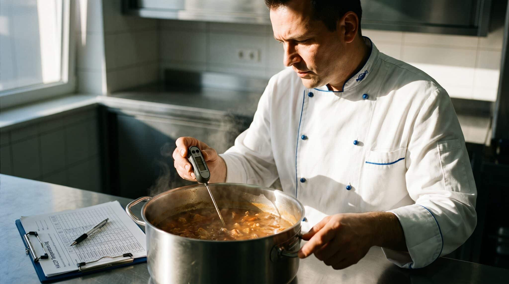 Chef contrôlant la température à cœur d'un plat avec un thermomètre sonde — analyse des dangers HACCP en restauration