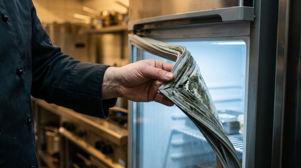 Joint de porte de frigo professionnel craquelé et couvert de moisissure, écarté à la main dans une cuisine de restaurant
