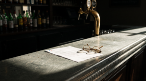 Exploitant de bar vérifiant la date de validité de son permis d'exploitation derrière son comptoir