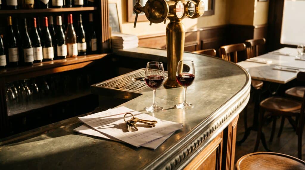 Comptoir de bistrot avec verres de vin et clés — licence de débit de boissons en Auvergne-Rhône-Alpe